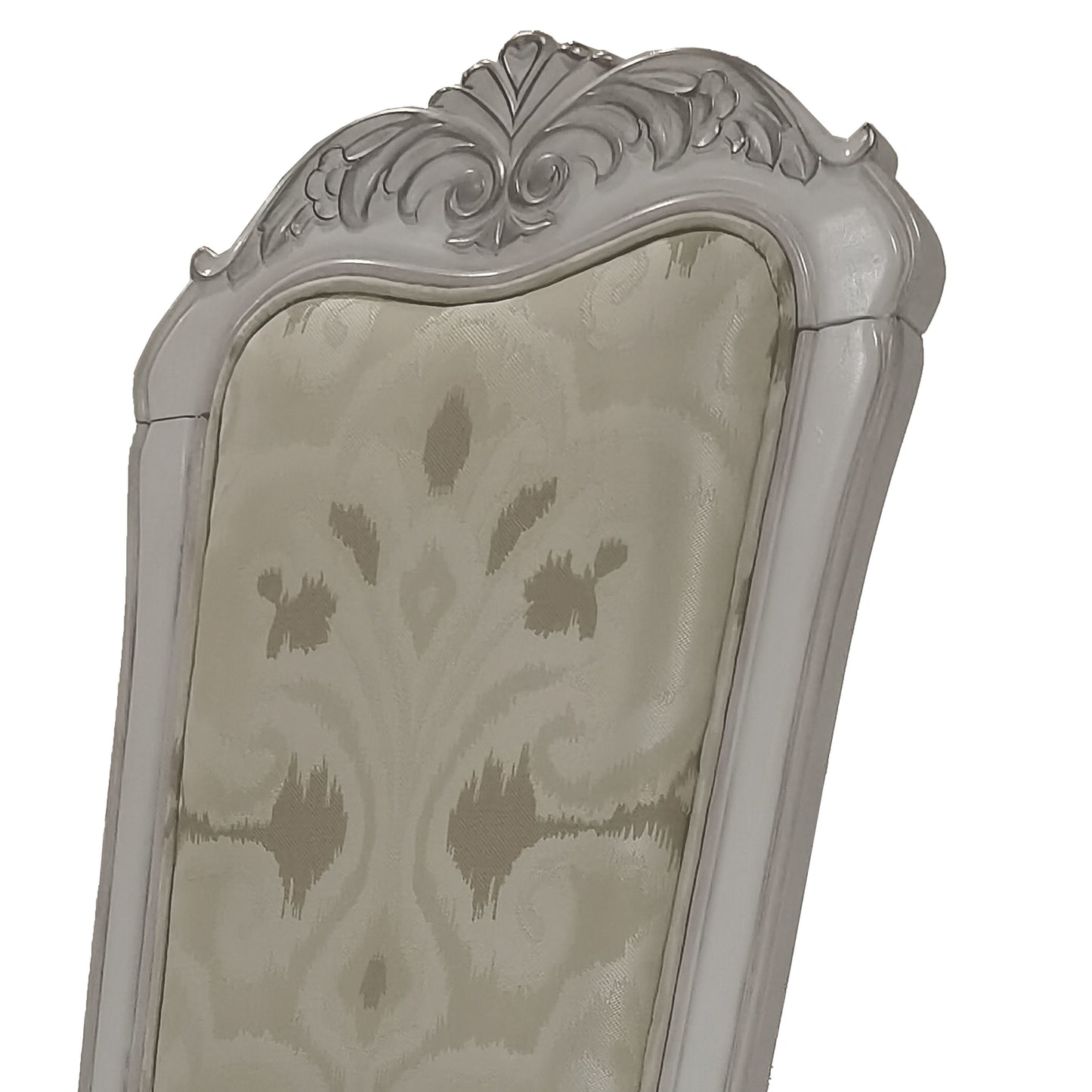 Elegant white ornate dining chair with damask patterned upholstery