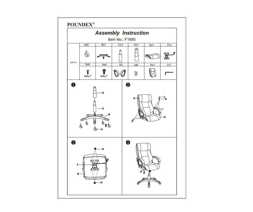 Poundex assembly instructions for item F chair with labeled parts and steps