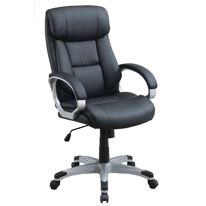 Black faux leather executive office chair with padded seat and armrests