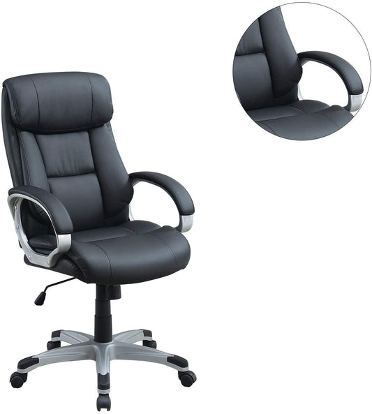 Black executive office chair with plush padding and silver accents
