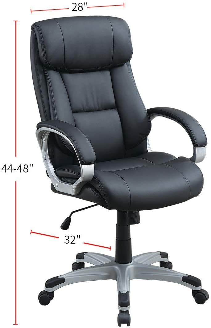 Black executive office chair with padded headrest and silver armrests ideal for home office setup