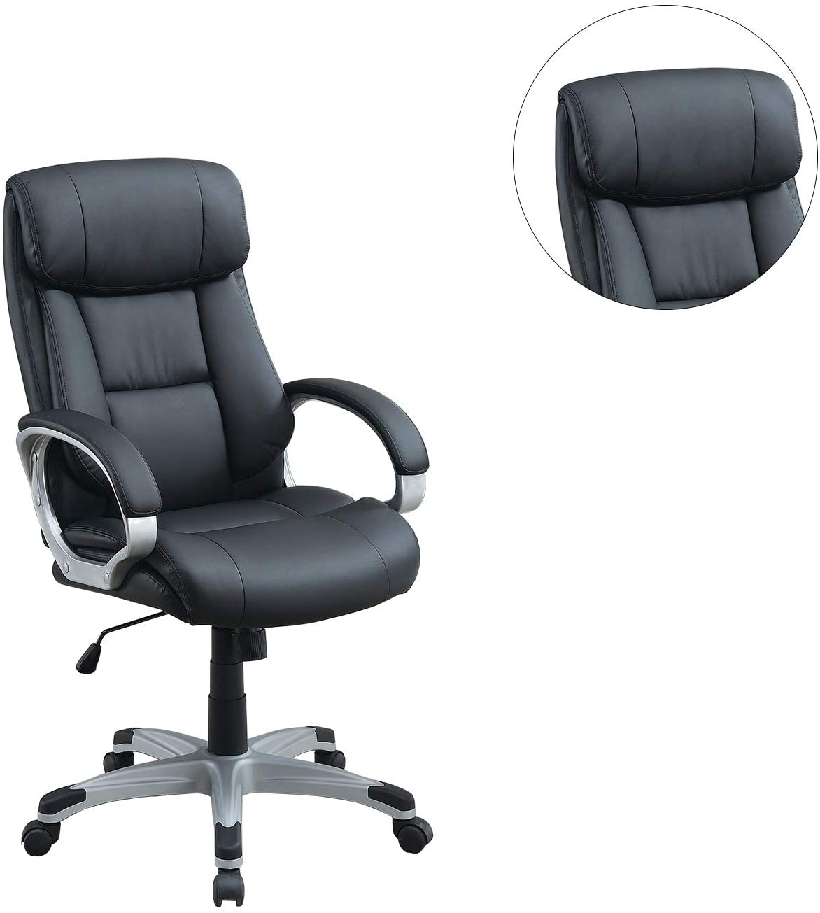 Black executive office chair with plush cushioning and silver accents