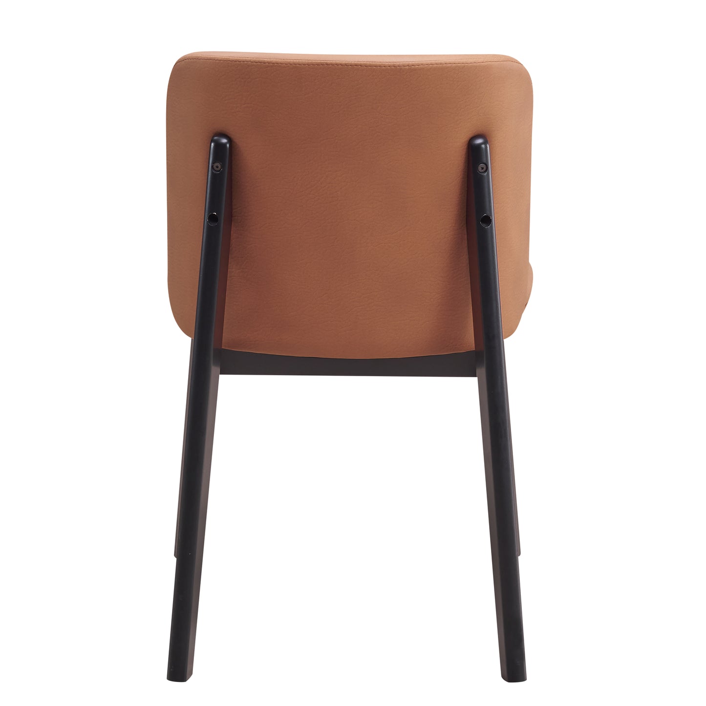 Tan leather dining chair with black wooden legs back view