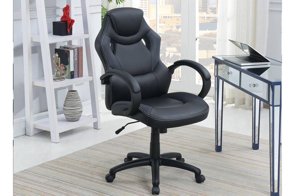 Black executive office chair with white stitching detail and ergonomic design