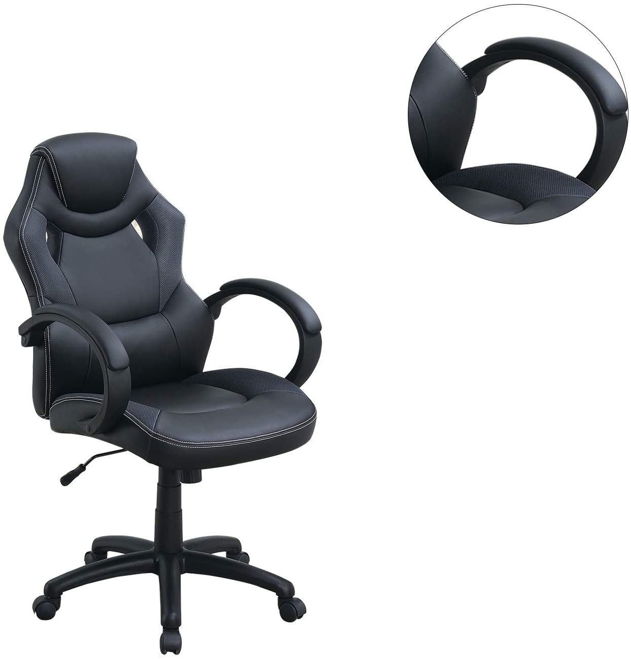 Black ergonomic office chair with white stitching detail and padded armrests