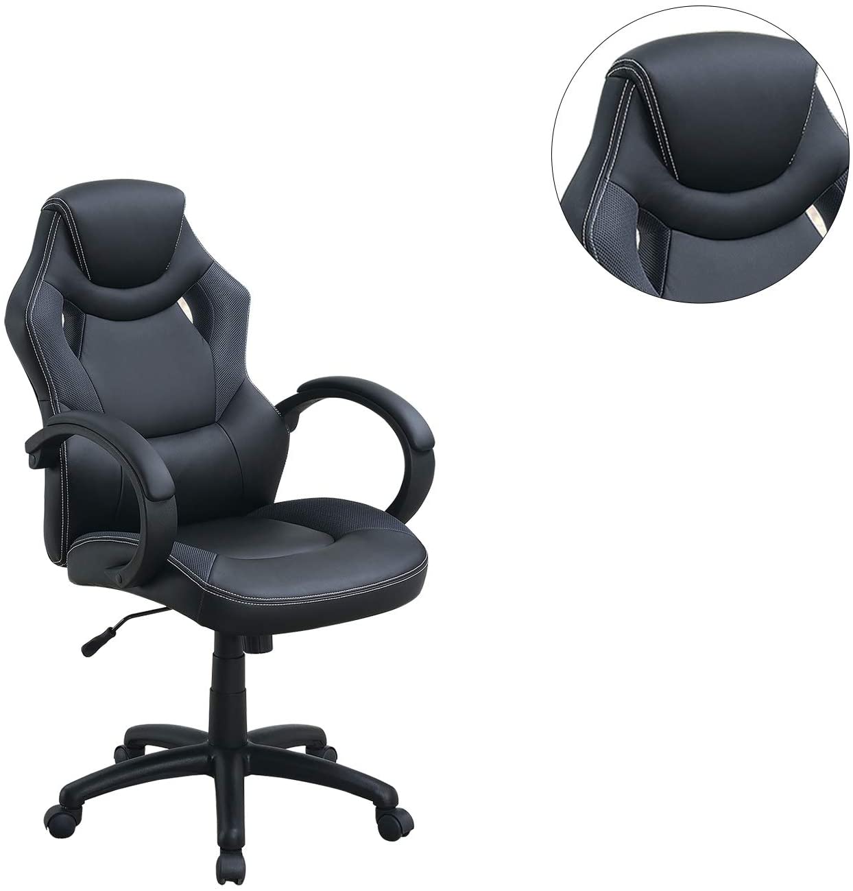 Black ergonomic office chair with white stitching and fabric accents