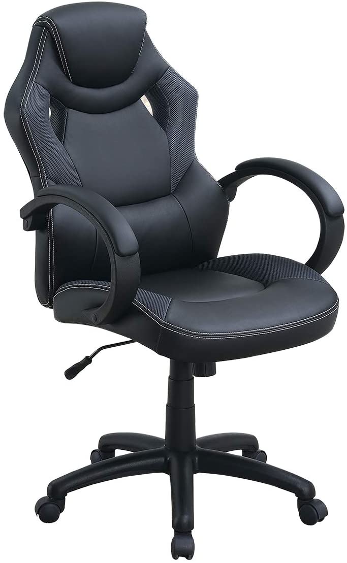 Black ergonomic computer chair with white stitching and mesh accents for comfortable gaming sessions