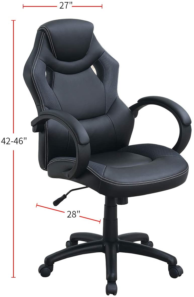 Black ergonomic office chair with white stitching mesh accents and adjustable height