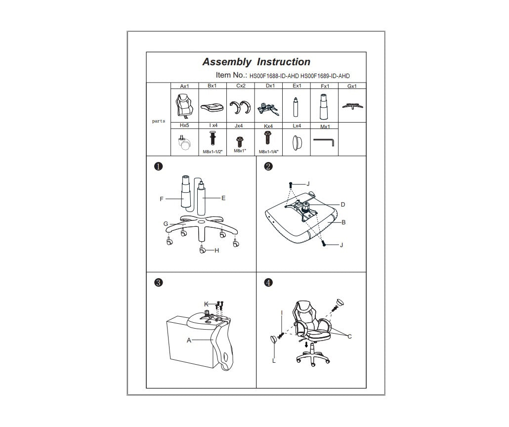 Diagram showing parts for assembly of a gaming chair