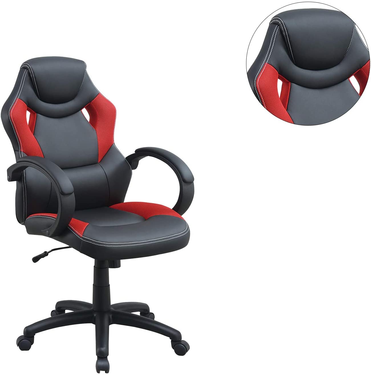 Black and red executive gaming chair with white stitching