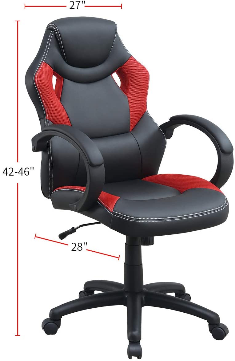 Ergonomic racing chair with black faux leather and red mesh accents