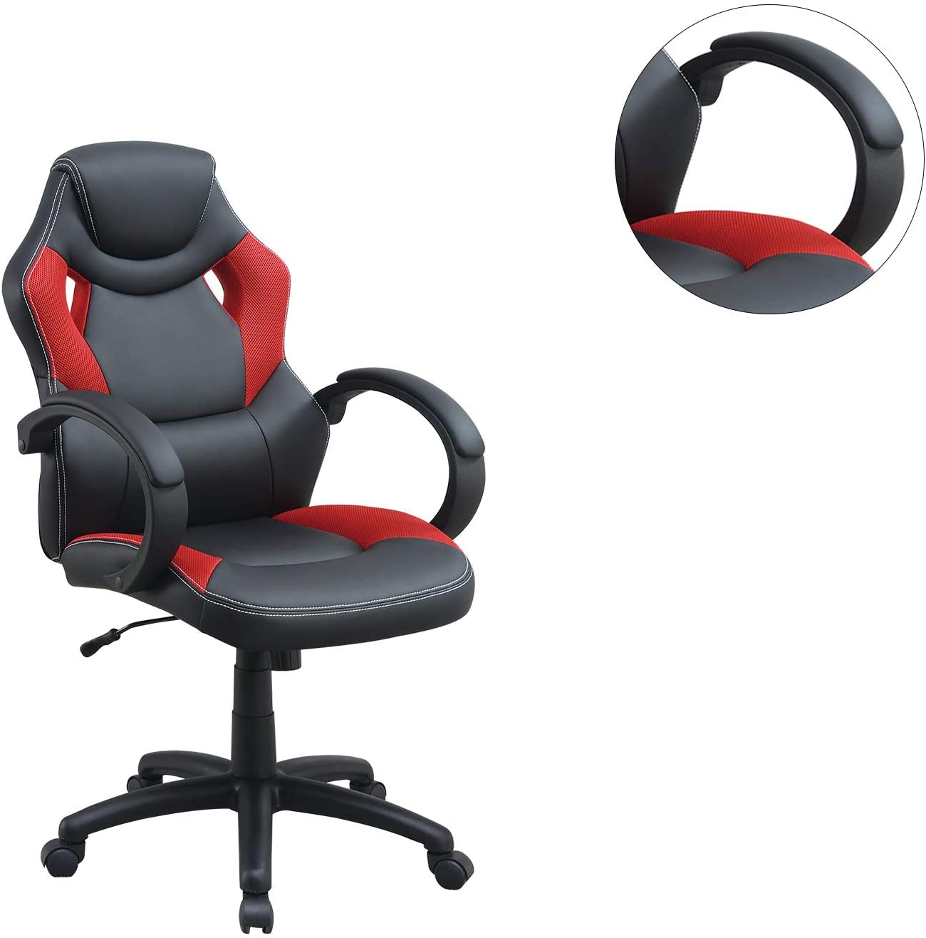Black and red ergonomic gaming chair with mesh accents and white stitching
