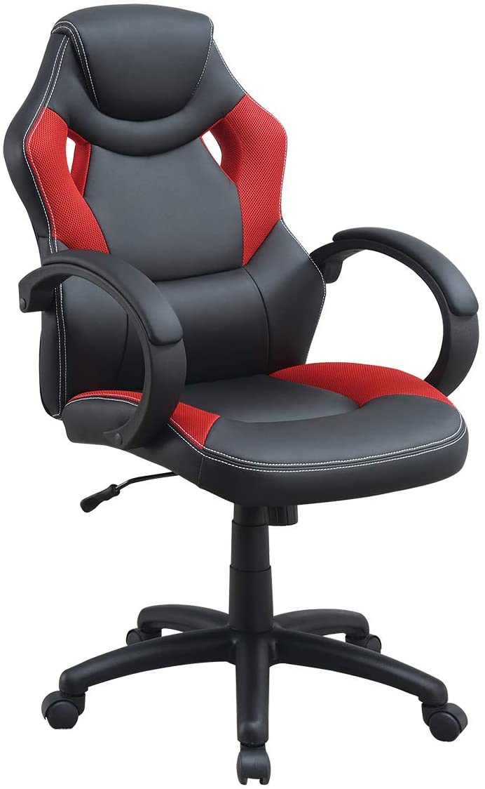 Black and red ergonomic gaming chair with white stitching and mesh accents