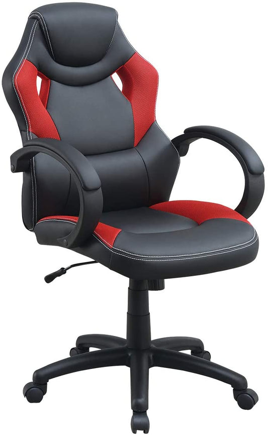 Black and red ergonomic gaming chair with white stitching and mesh accents