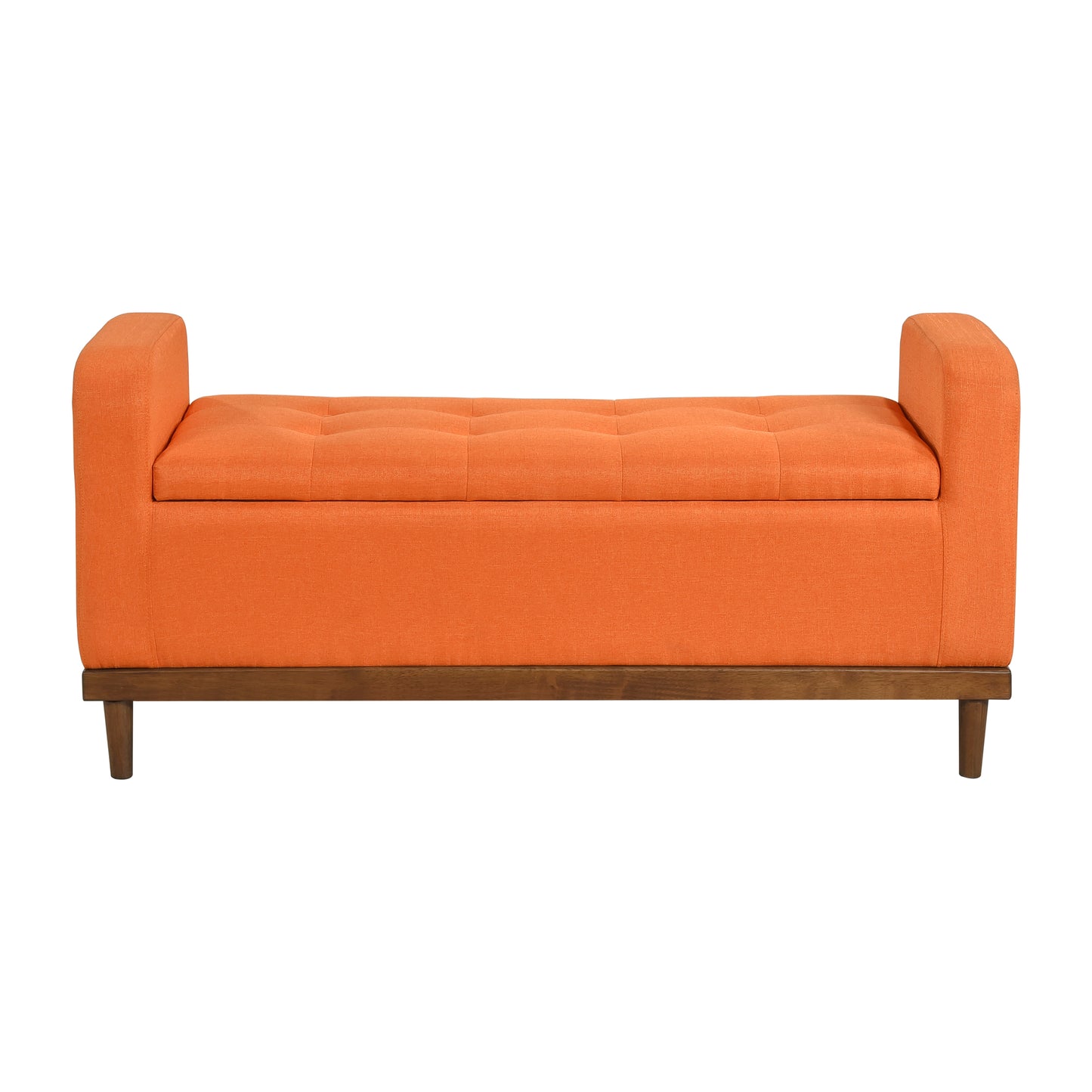 Orange tufted storage bench with wooden legs and arms