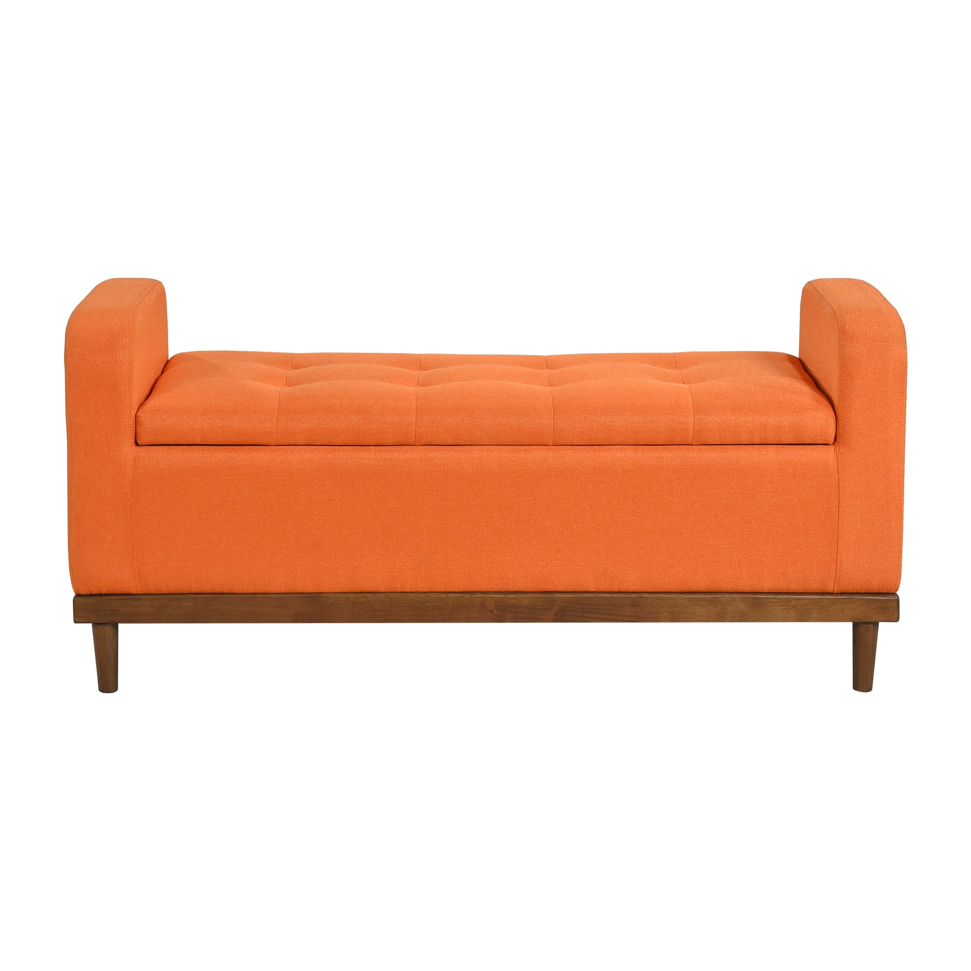 Orange tufted storage bench with wooden legs and arms