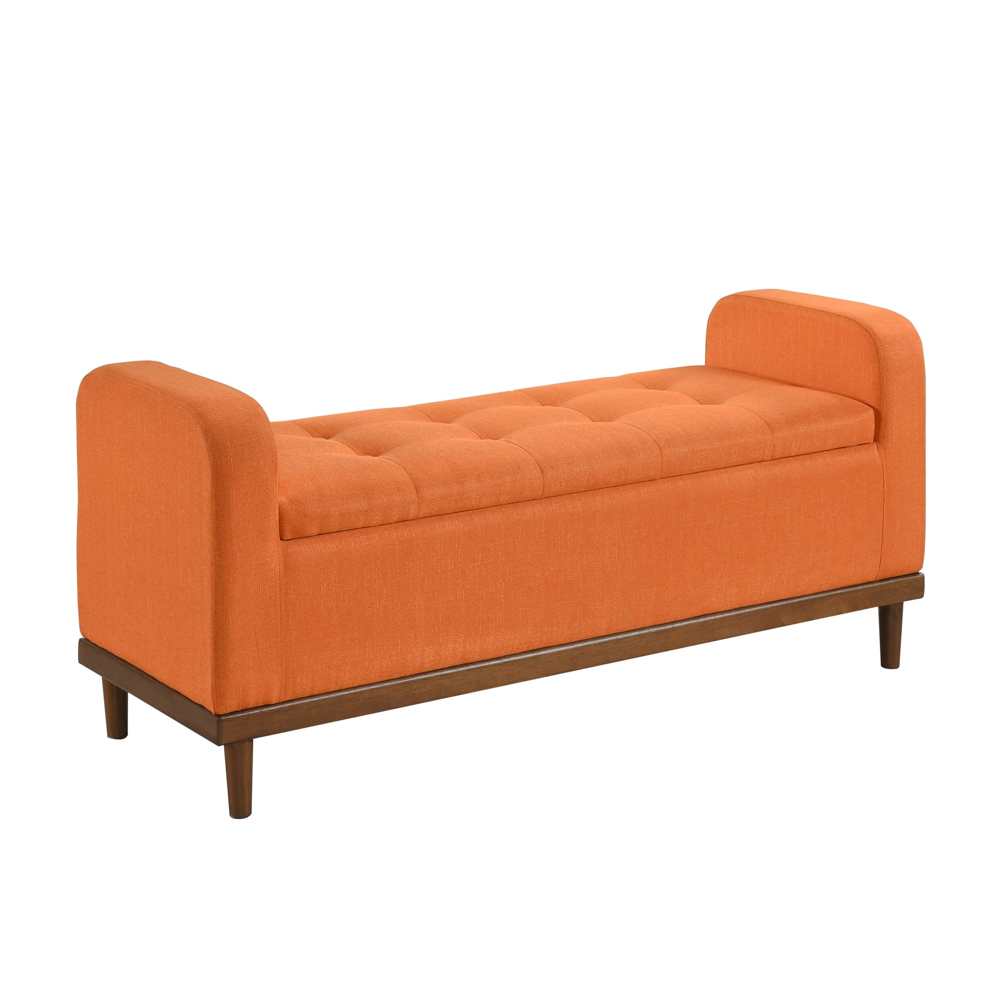 Orange tufted storage bench with wooden legs and a dark wood base
