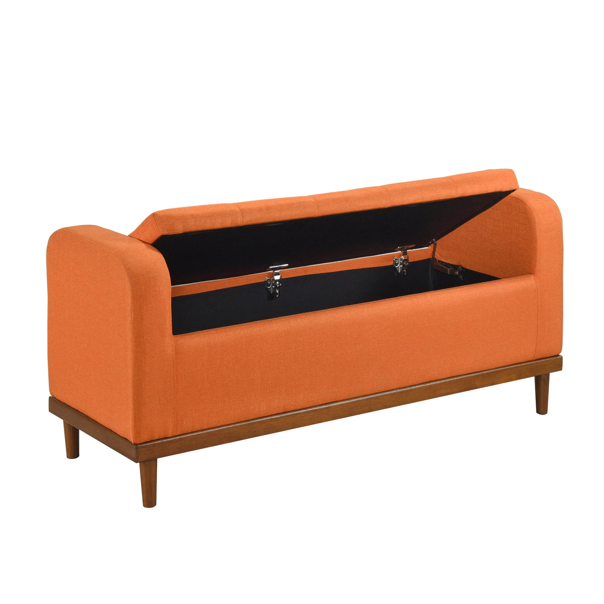 Orange fabric storage bench with open lid revealing black interior and silver hardware