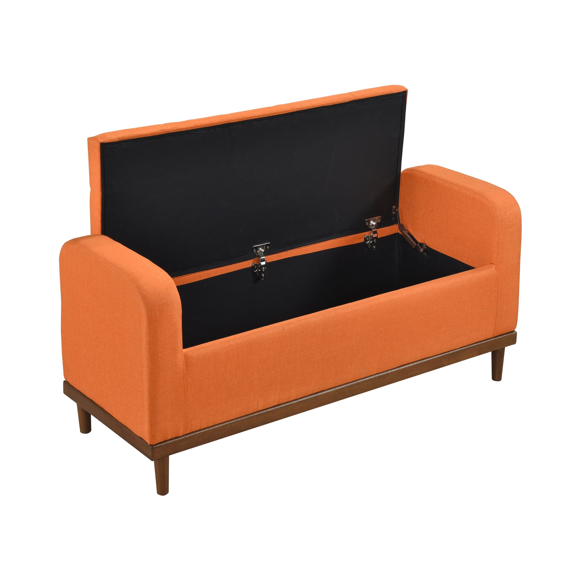 Orange fabric storage bench with dark wood legs and open lid