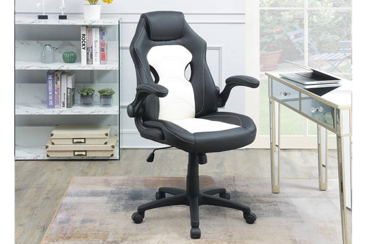 Black and white ergonomic gaming chair with adjustable armrests and lumbar support