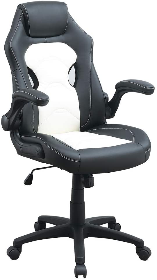Black and white ergonomic gaming chair with white stitching and adjustable armrests