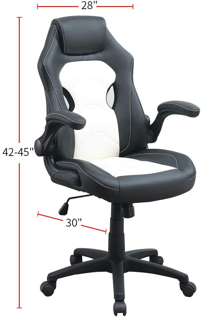 Ergonomic gaming chair in black and white PU leather with white stitching and adjustable armrests