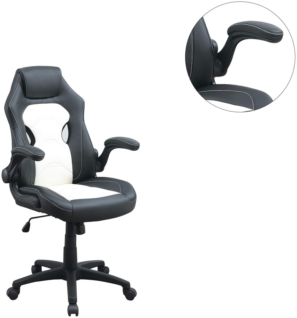 Ergonomic racing gaming chair in black and white faux leather with contrast stitching ideal for PC gamers