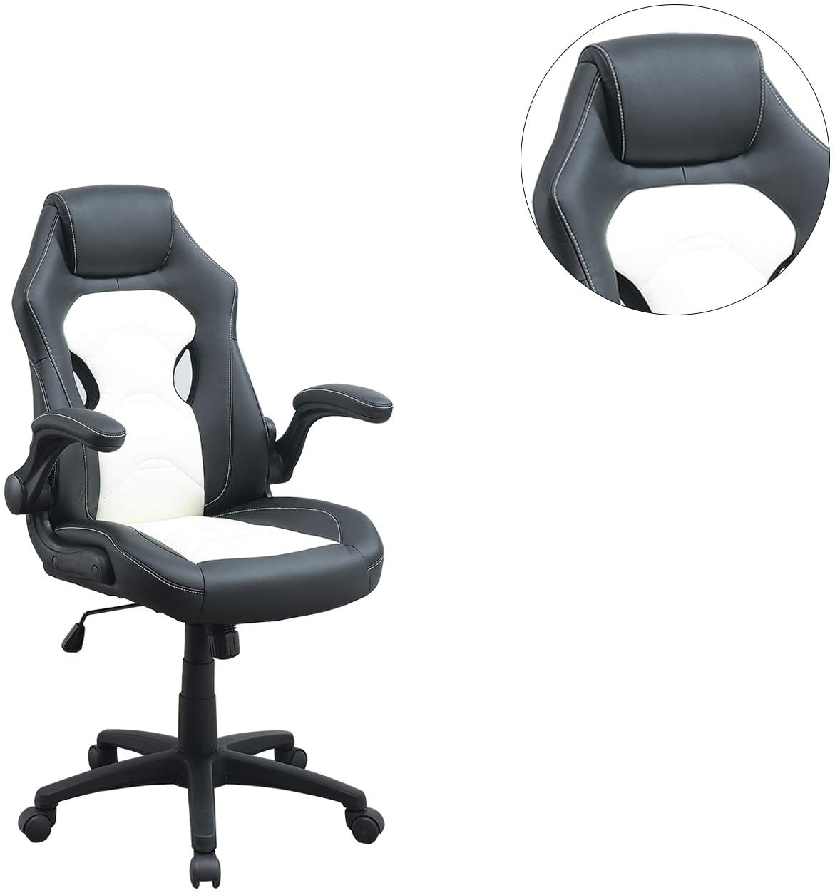 Ergonomic gaming chair with black and white leather upholstery and adjustable armrests