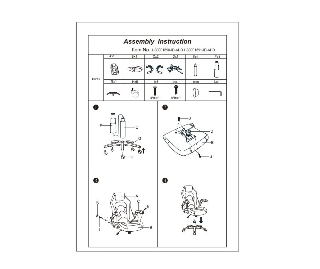 Gaming chair assembly instructions diagram with parts list and four assembly steps