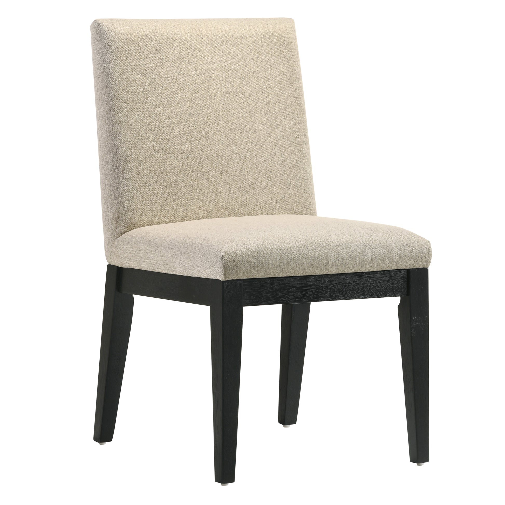 Upholstered dining chair with beige fabric seat and back dark wood legs