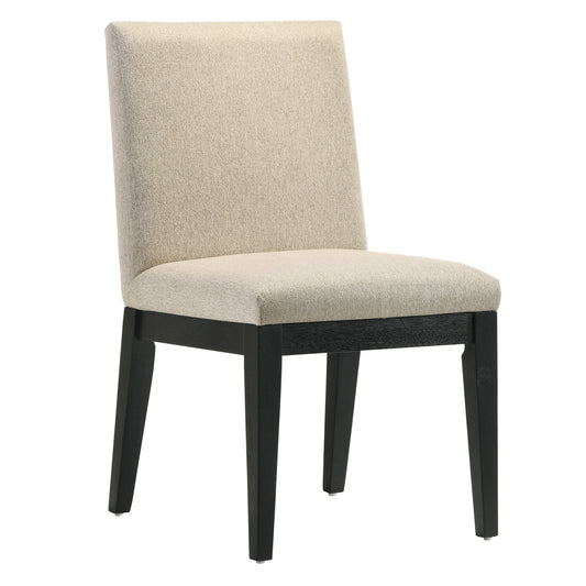 Upholstered dining chair with beige fabric seat and back dark wood legs