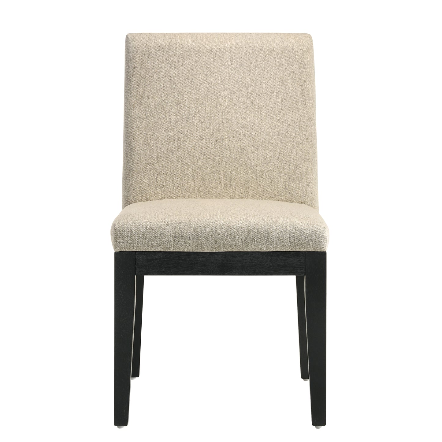 Upholstered dining chair in neutral beige linen fabric with dark espresso wood legs