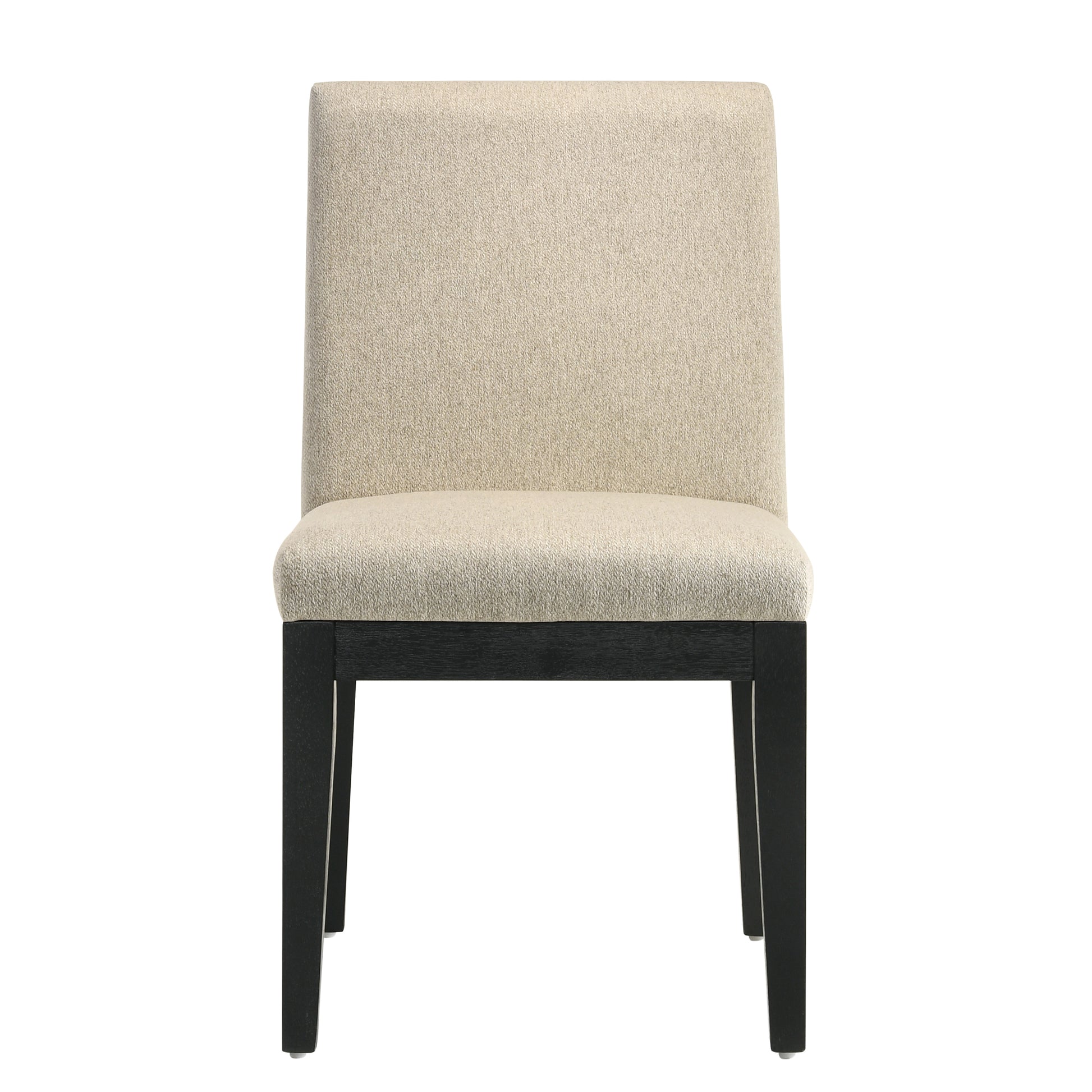 Upholstered dining chair in neutral beige linen fabric with dark espresso wood legs