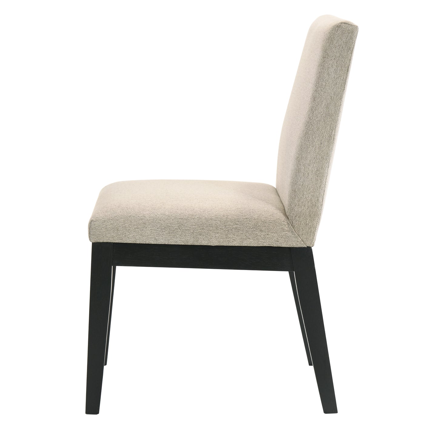 Modern dining chair with upholstered beige fabric seat and minimalist dark wood frame