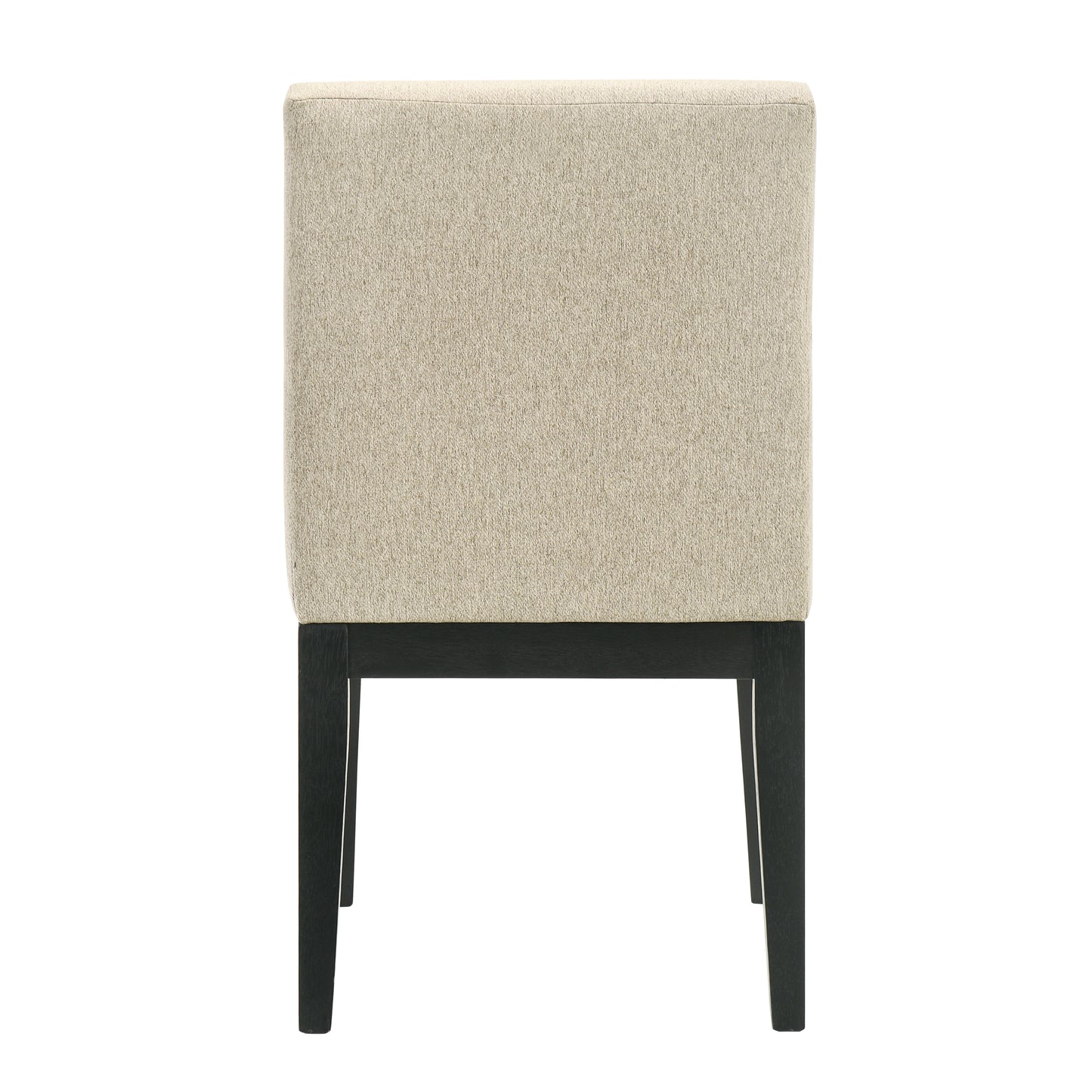 Back view of a linen upholstered dining chair with dark wood legs