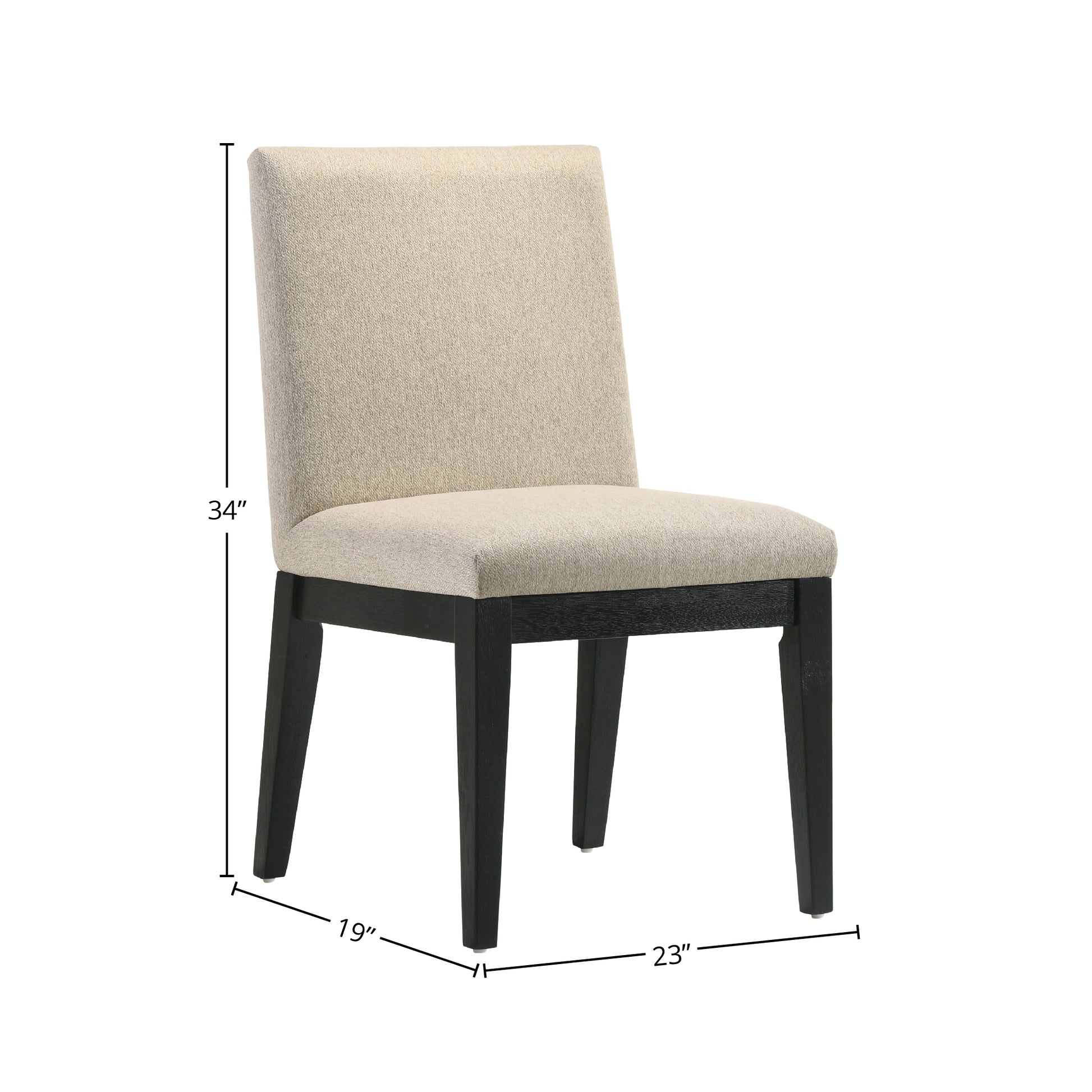 Upholstered dining chair in light beige fabric with dark wood legs  height