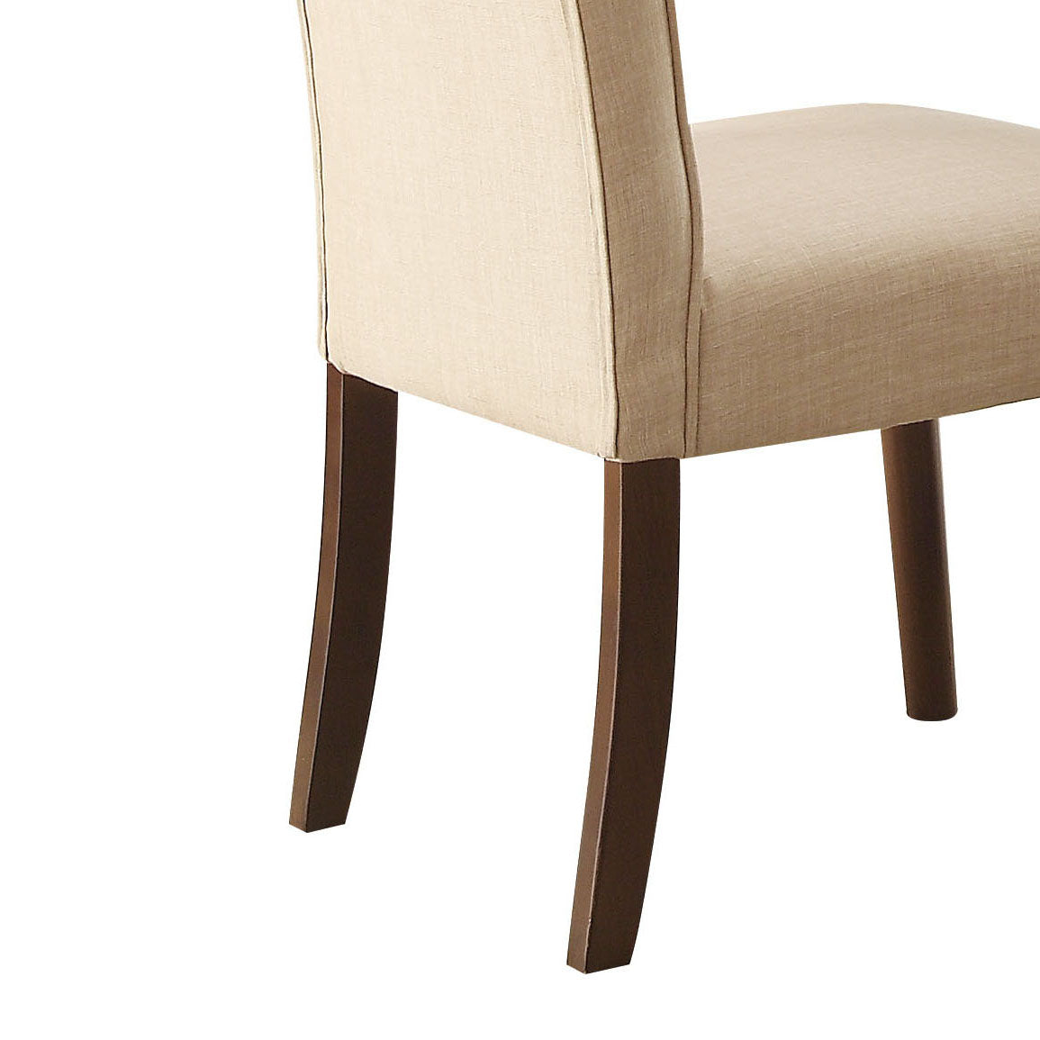 Upholstered dining chair with beige linen fabric and dark wood legs