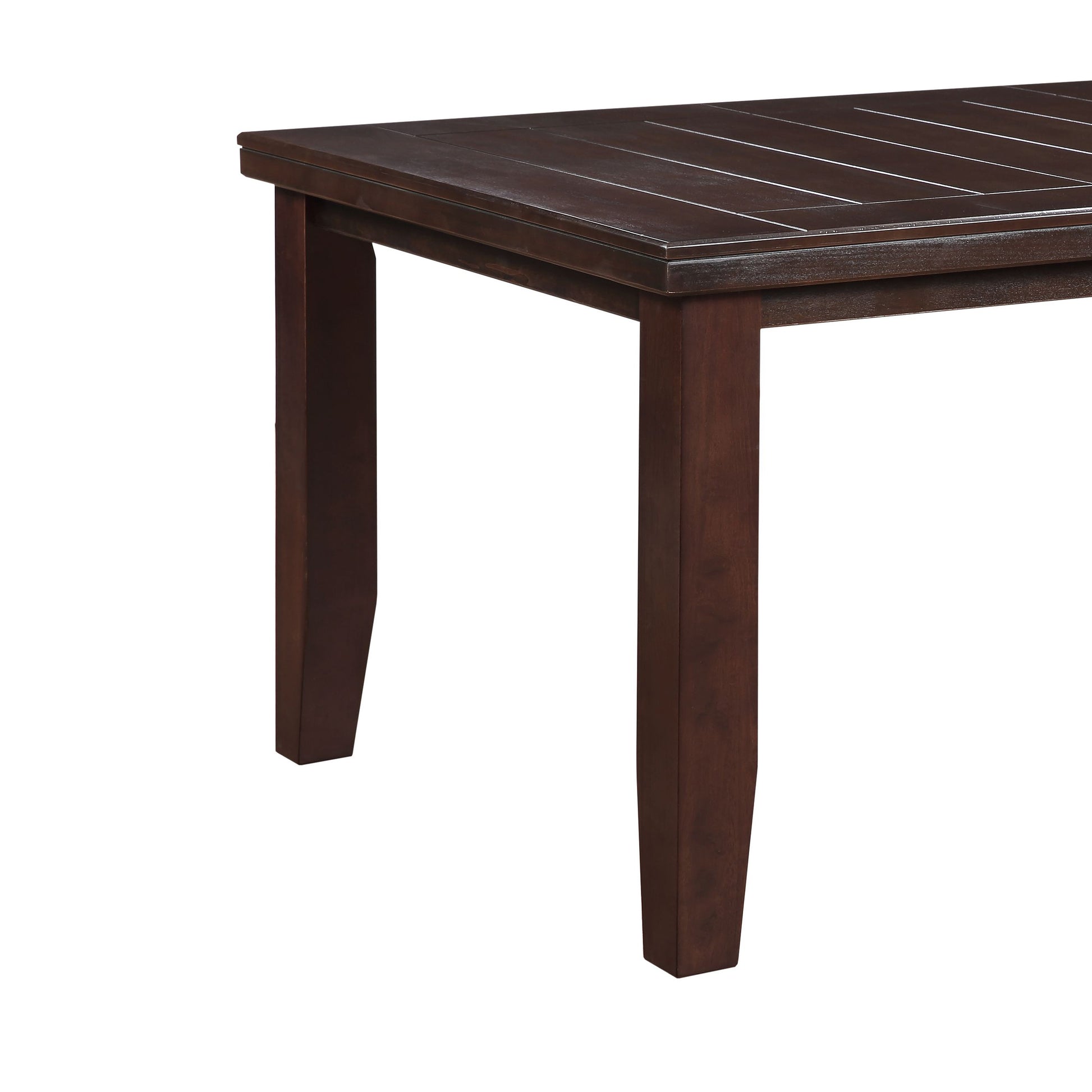 Rich espresso stained wood dining table with slatted top and square legs