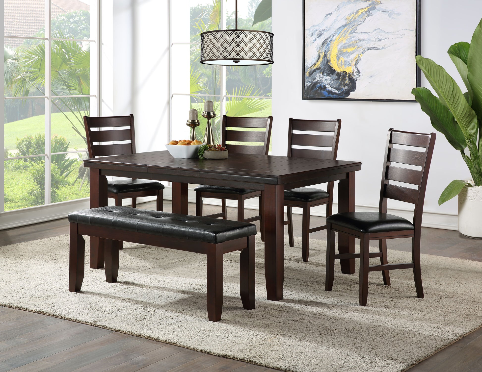 Dark brown wood dining set with upholstered bench and chairs perfect for modern homes