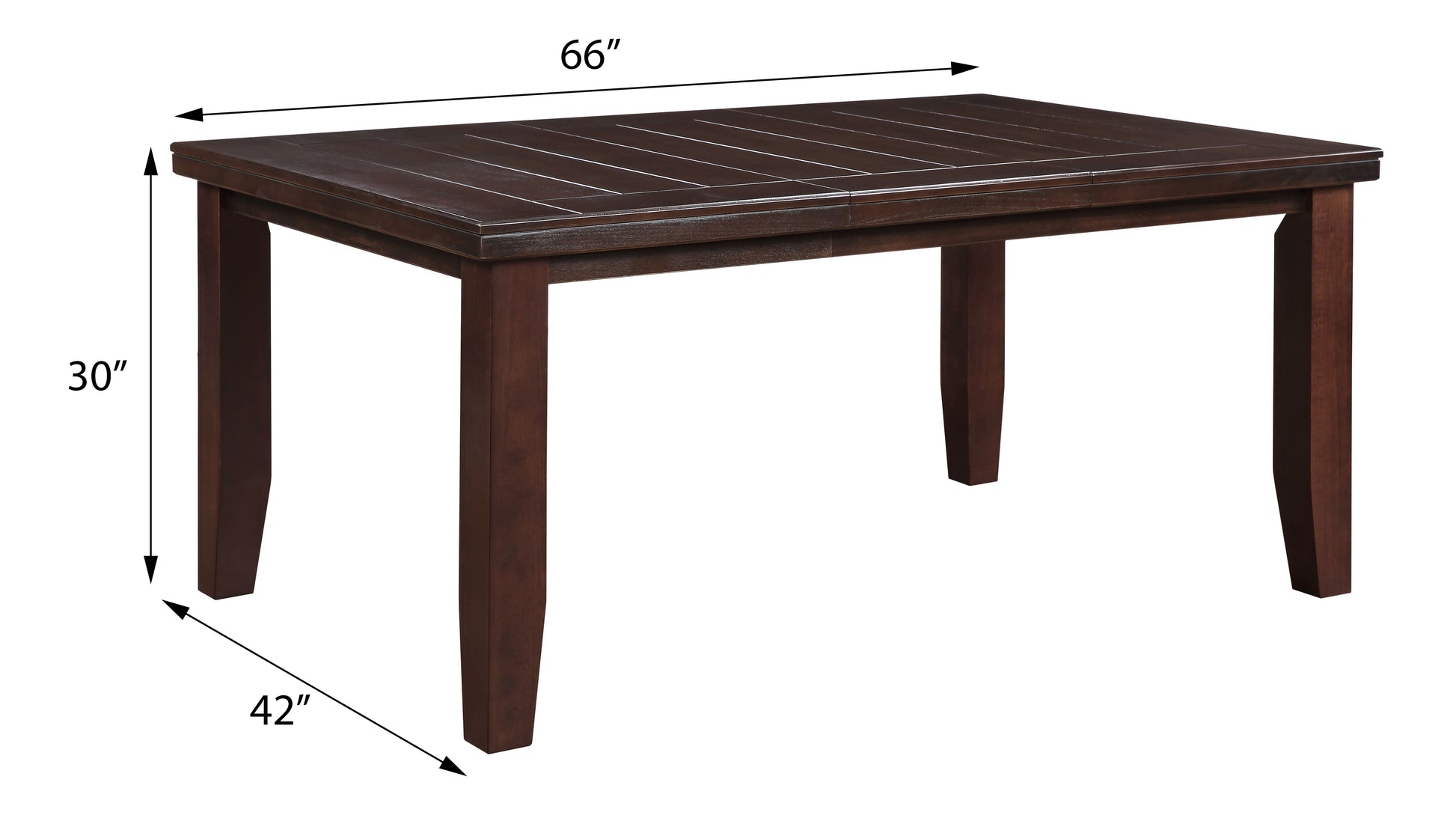 Dark brown wooden dining table with planked top  L x  W x  H