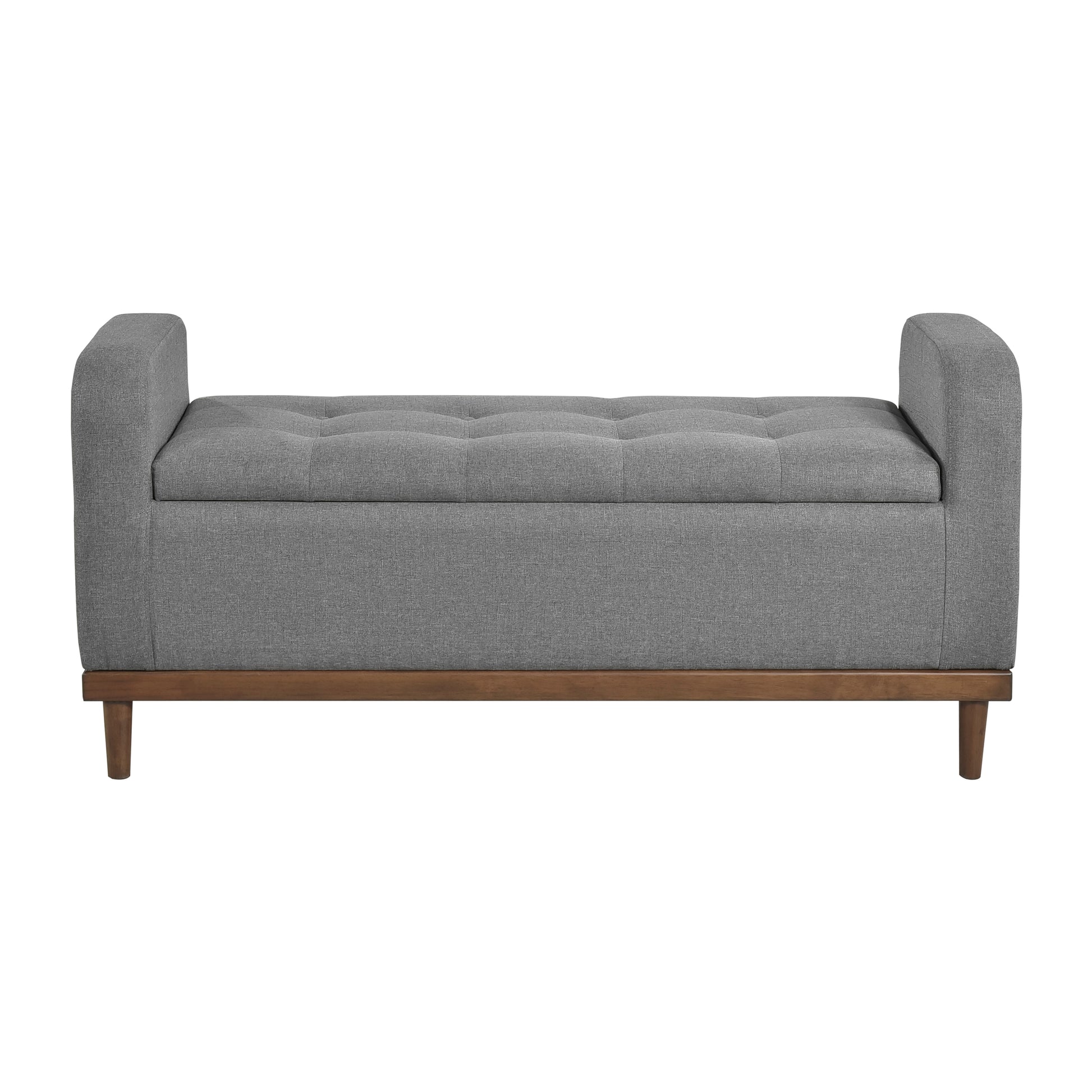 Tufted grey linen storage bench with wooden legs and frame
