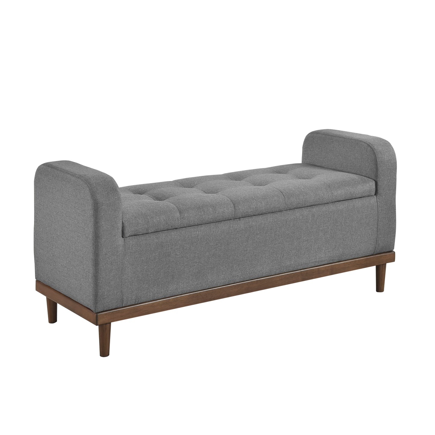 Tufted grey fabric storage bench with tapered wooden legs