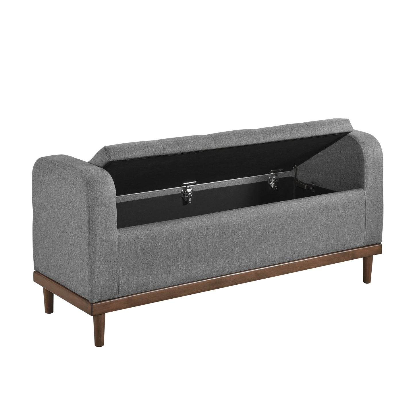 Grey fabric storage bench with open lid and wooden legs