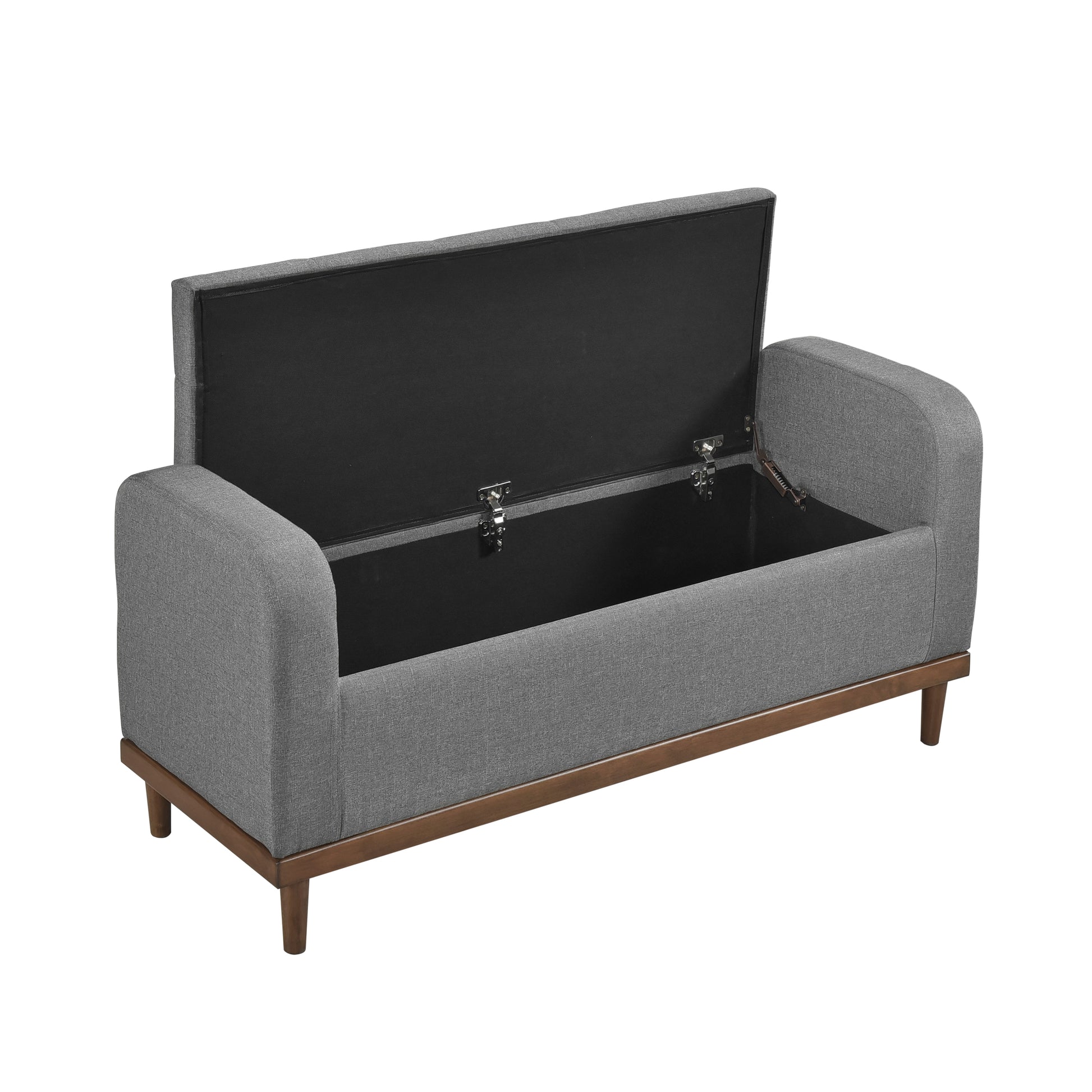 Gray upholstered storage bench with open lid revealing black interior