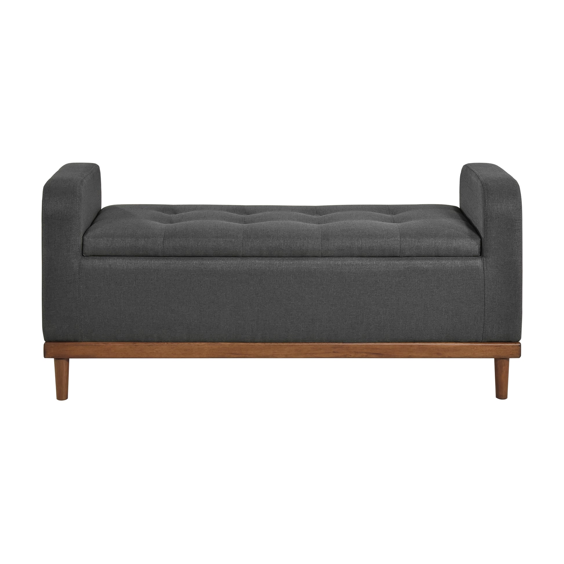 Dark gray tufted storage ottoman with wooden legs and armrests