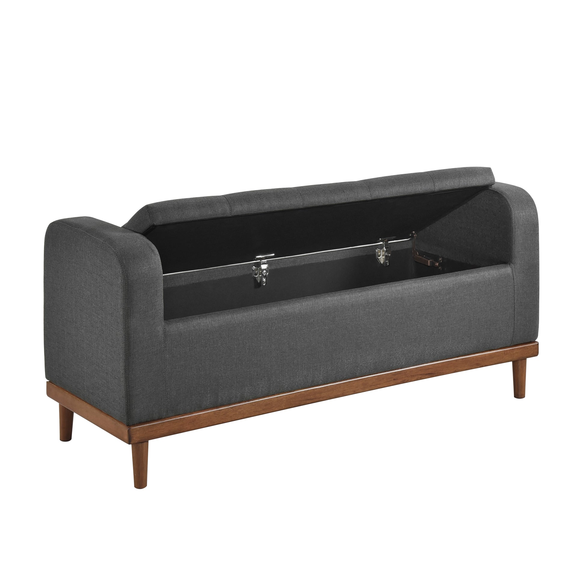 Dark gray fabric storage bench with open lid showing interior and metal hinges