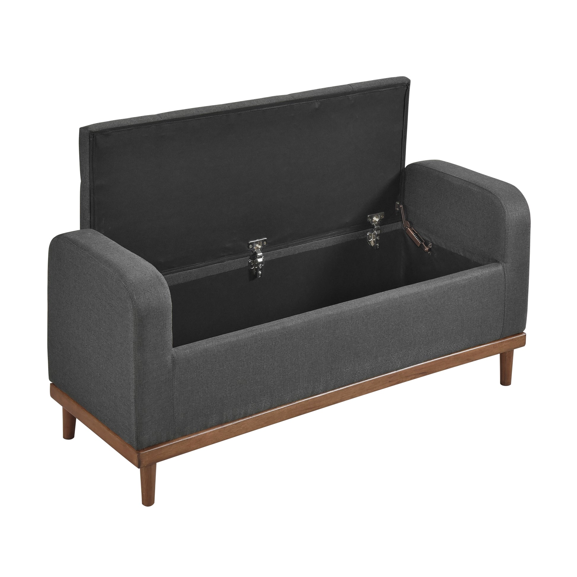 Dark gray upholstered storage bench with open lid and wooden legs