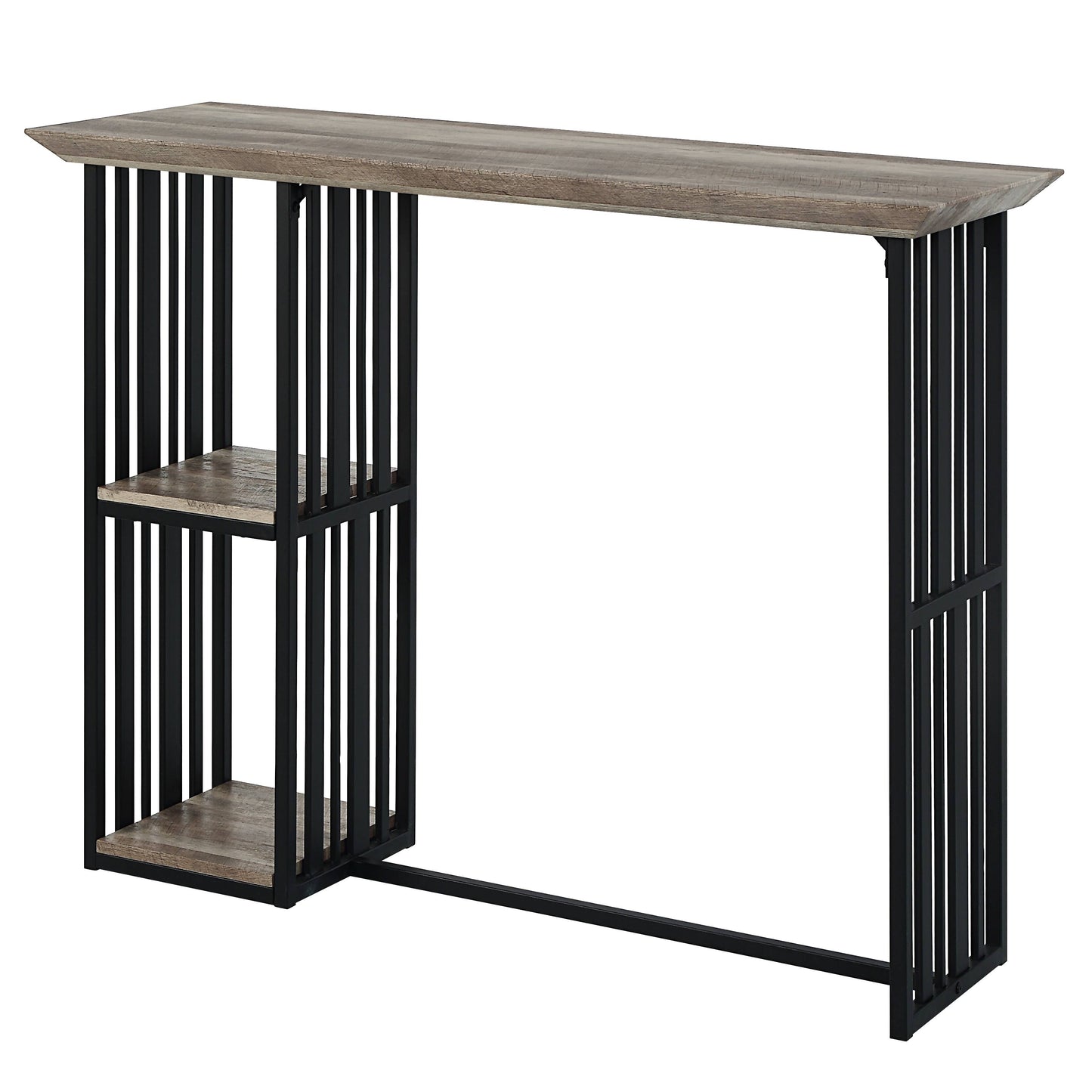 Rustic grey wood and black metal console table with two shelves