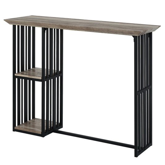 Rustic grey wood and black metal console table with two shelves
