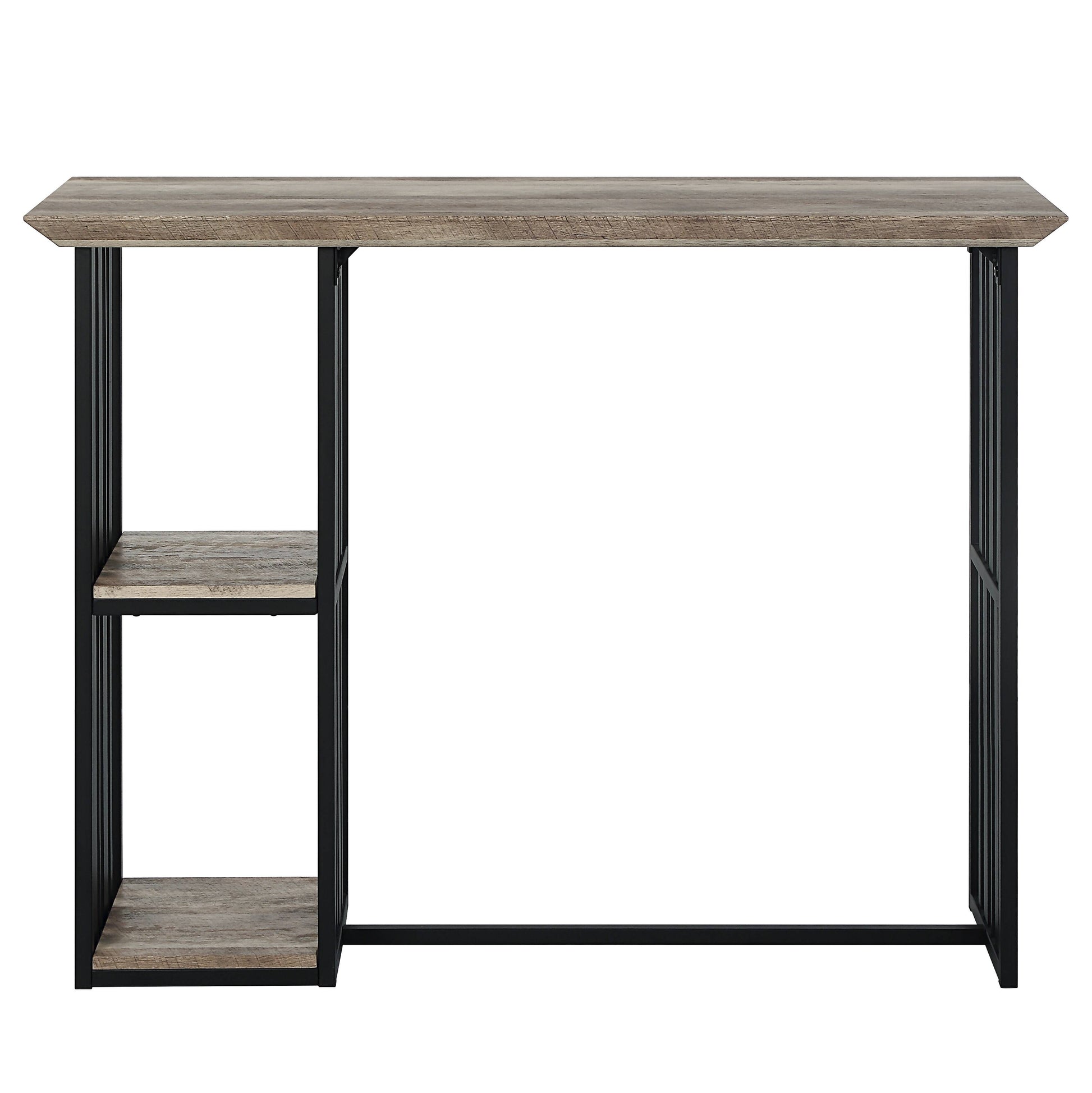 Rustic oak and black metal console table with two shelves
